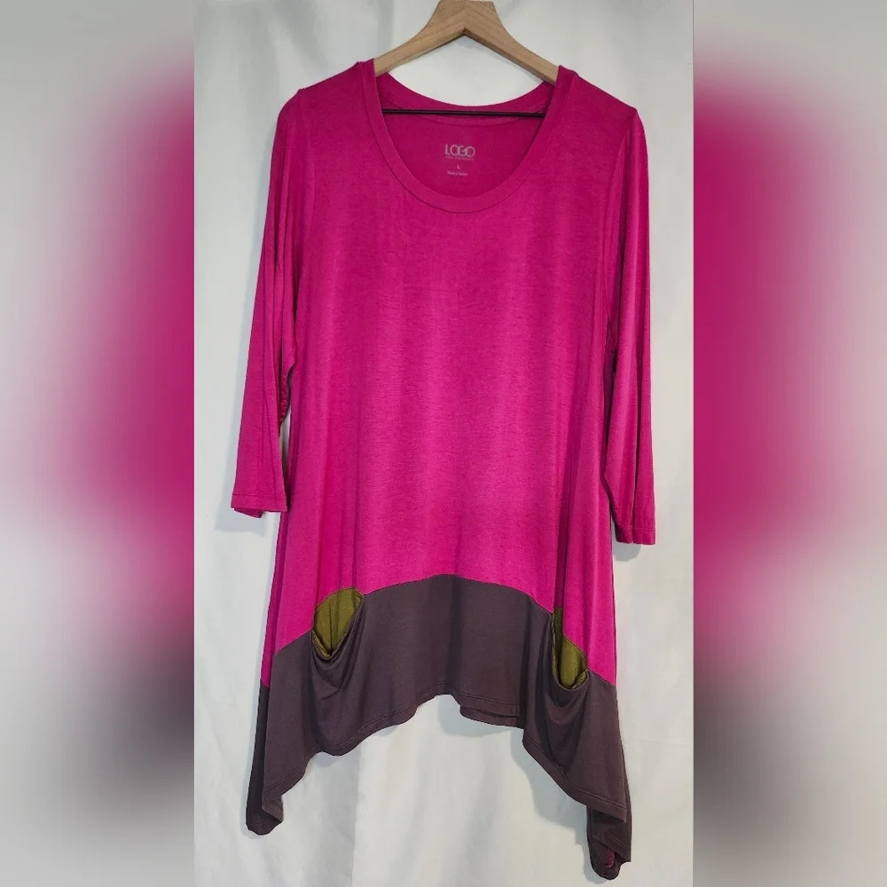 LOGO Lori Goldstein Womens Tunic Top Size L Pink Sharkbite Hem‎ Colorblock